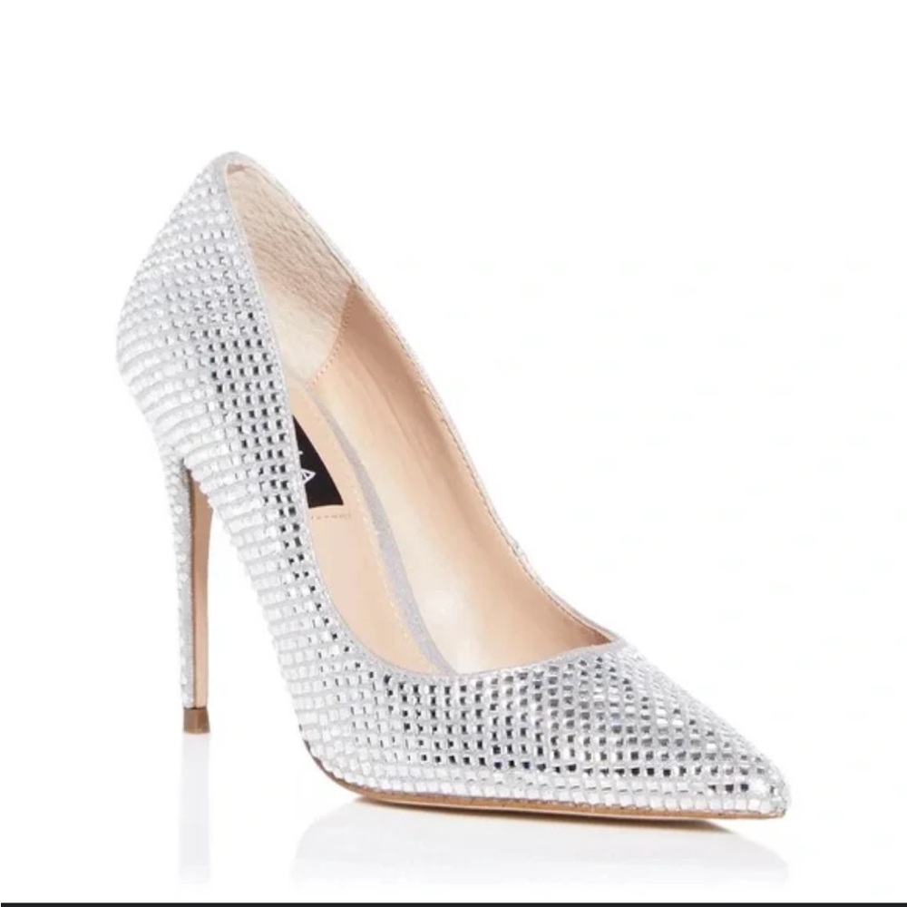 Women’S AQUA STILETTO HEELS RHINESTONE SZ 7.5   Nib SILVER
